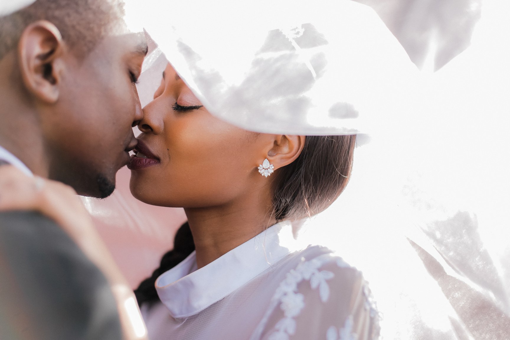 Bridal Couple Kissing Up Close